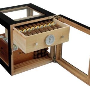 υγραντήρας πούρων μαύρος με τζάμι και ράφι