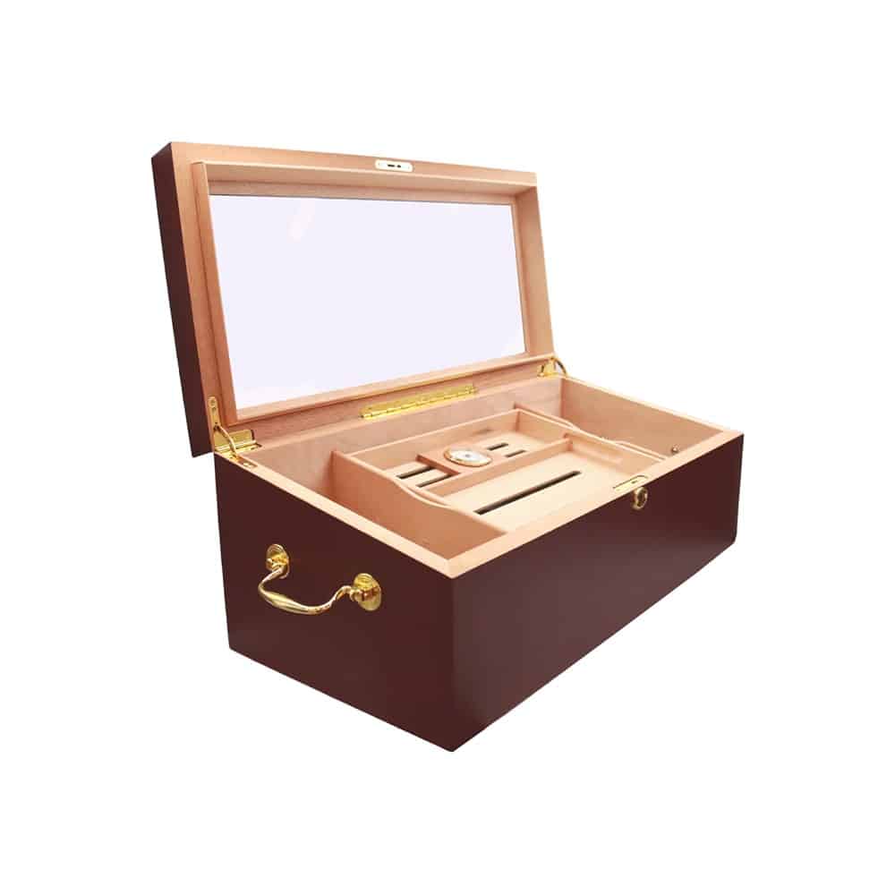 humidor υγραντήρας πούρων καφέ χρώμα για 150 πούρα με τζάμι ξύλινος