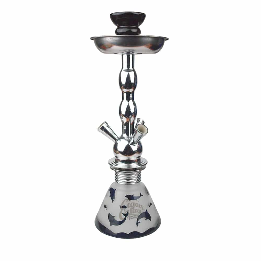 hookah_dolphins.jpg ναργιλές ασημένιος μεταλλικός, με γυάλινο δοχείο με σχέδιο με μπλε δελφίνια
