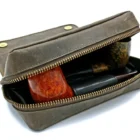 Peat Combo Pouch 2 δερμάτινη θήκη πίπας καπνού, με φερμουάρ, μαύρο χρώμα, ανοιχτή με πίπες μέσα