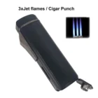Triple Jet Flame Αναπτήρας με πουροκόπτη Punch αντιανεμικός επαναγεμιζόμενος βουτανίου μαύρος