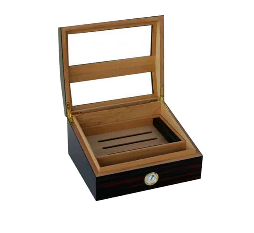 Ξύλινος Υγραντήρας / Humidor με Γυάλινο Παράθυρο για 25-30 Πούρα καφέ χρώμα με ανοιχτό καπάκι