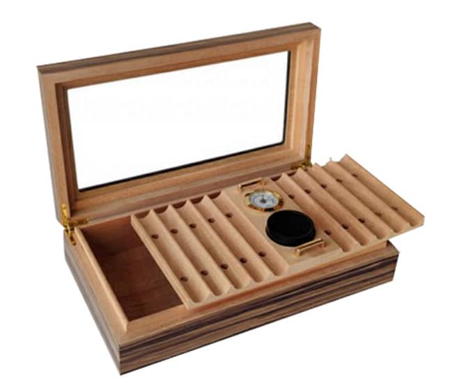Καφέ Υγραντήρας / Humidor με Γυάλινο Παράθυρο για 20 -25 Πούρα ξύλινος με ανοιχτό καπάκι