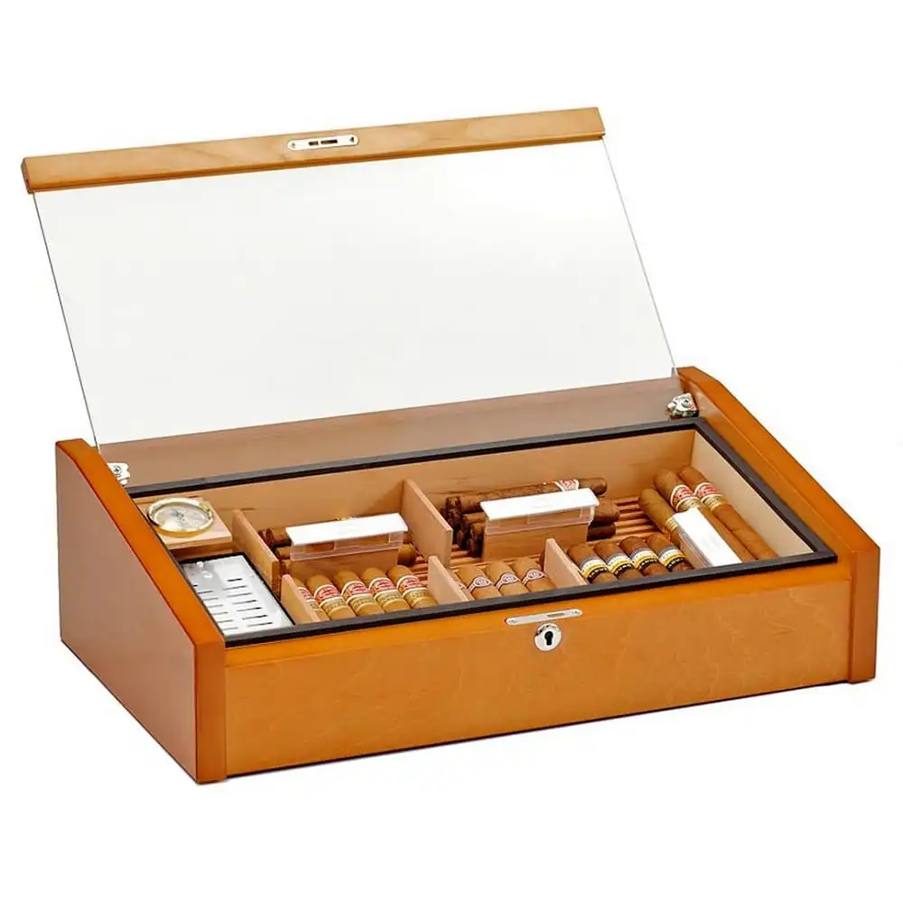 Vega Deluxe Καφέ Υγραντήρας Humidor για 75 Πούρα Ξύλινος με κλειδαριά και τζάμι ανοιχτό καπάκι