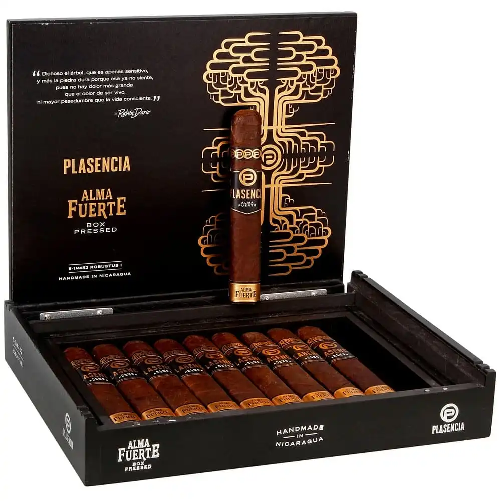 Alma Fuerte Box Pressed Robustus I πούρο ρομπούστο τετράγωνο Νικαράγουας με γεύση βελανιδιάς και μελάσας πούρα μέσα στο ξύλινο μαύρο κουτί τους της μάρκας Plasencia