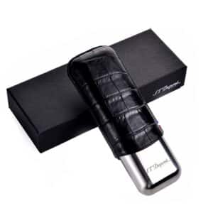 Dandy Black μαύρη Δερμάτινη Θήκη για 2 Πούρα μεταλλική ασημένια μαζί με το μαύρο κουτί της