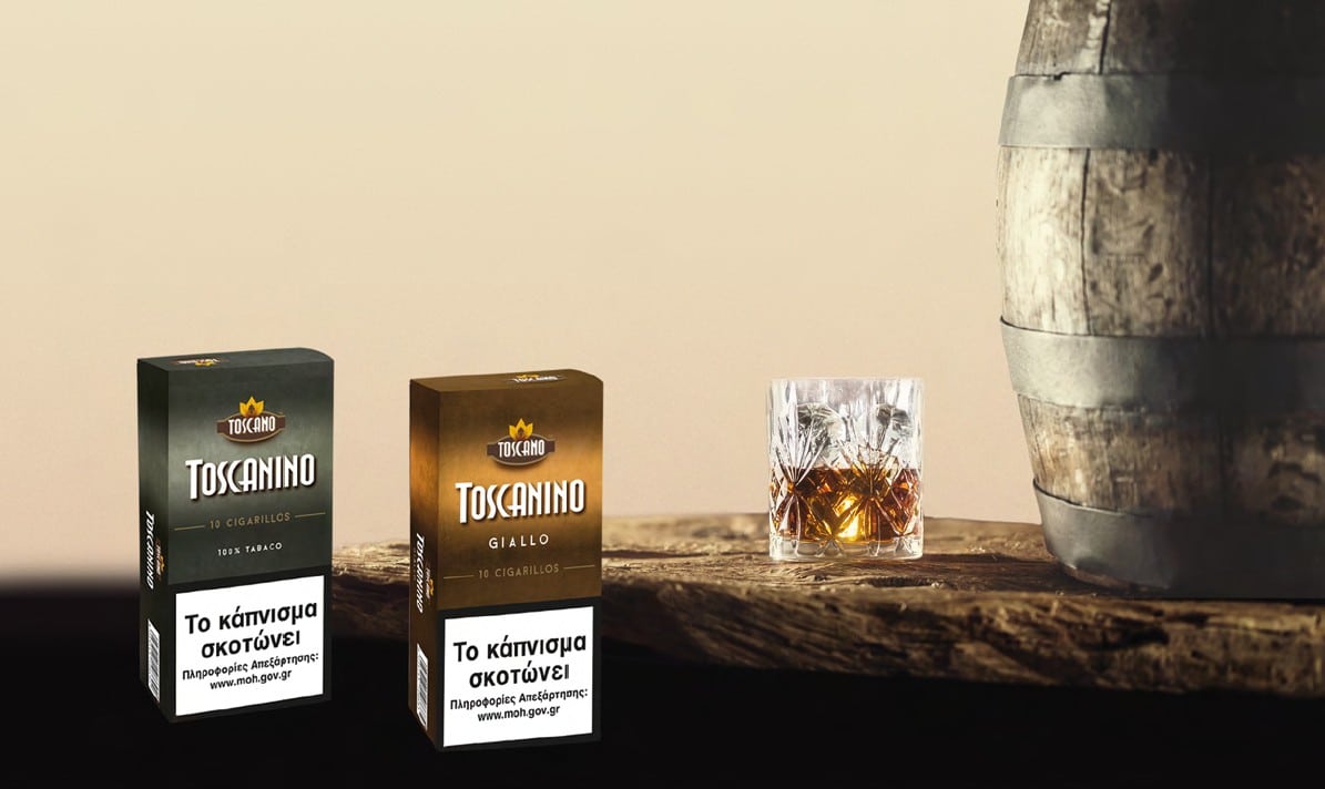 giallo cigarillos vaniglia πουράκια με γεύση βανίλιας δύο κουτιά μαζί με βαρέλι και ποτήρι ουίσκι