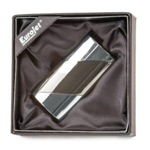 Chrome & Gunmetal Metallic Jet Flame Αναπτήρας αντιανεμικός επαναγεμιζόμενος βουτανίου μέσα στο κουτί του