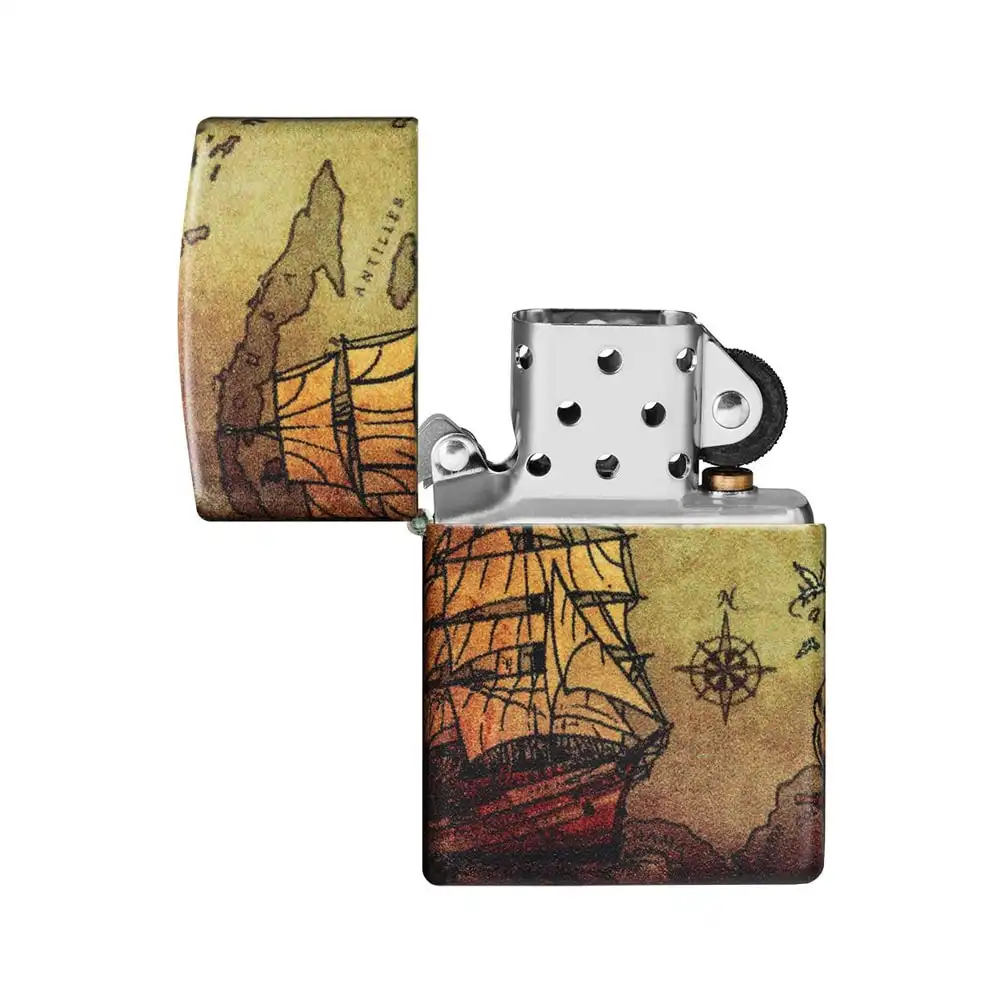 Pirate Ship Design Αναπτήρας με σχέδιο ναυτικό χάρτη πυξίδα πλοίο πειρατή κυνήγι θησαυρού επαναγεμιζόμενος βουτανίου ανοιχτό καπάκι