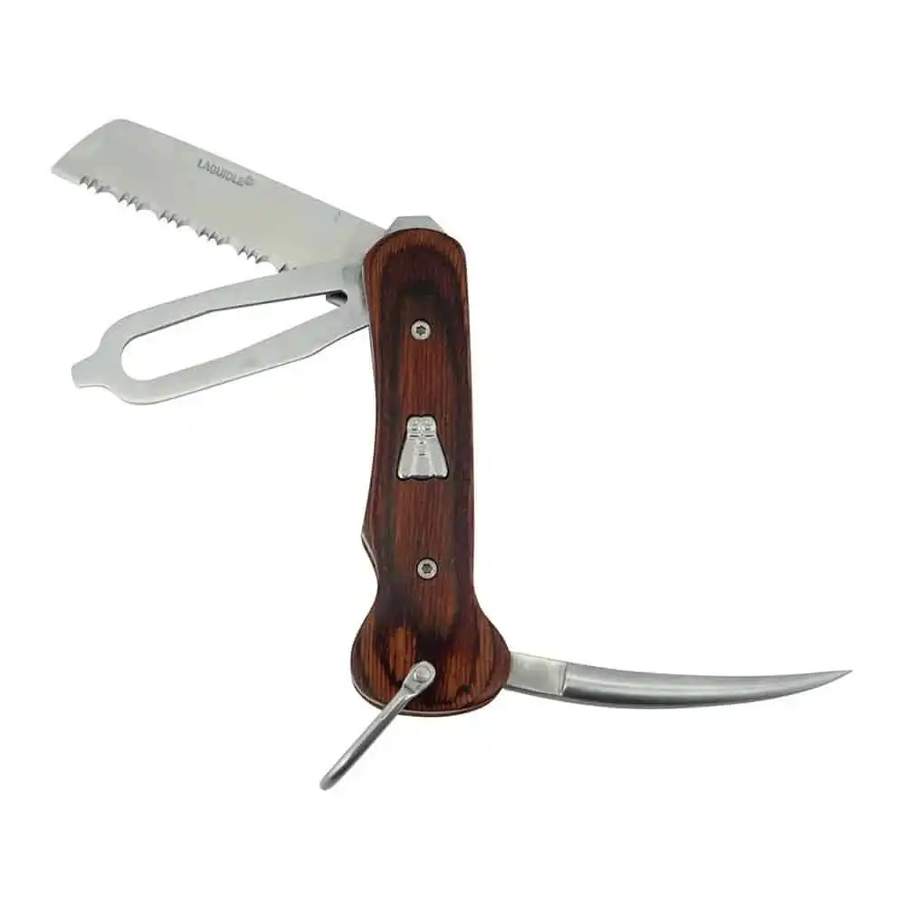Sailor Knife ναυτικός σουγιάς μεταλλικός ανοξείδωτος με ανοιχτά τα εργαλεία και ξύλινη επένδυση