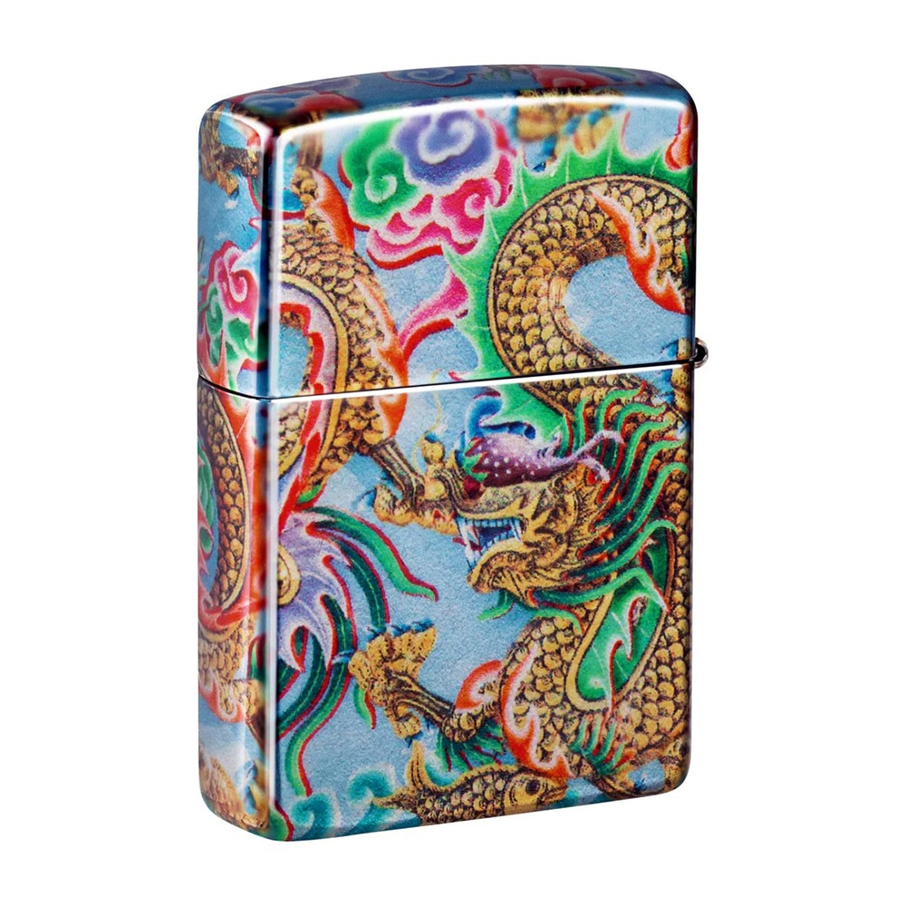 Dragon Design Αναπτήρας μπλε με χρυσό σχέδιο δράκου σε παραδοσιακό Κινέζικο στυλ με πράσινη-πορτοκαλί χαίτη