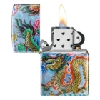 Dragon Design Αναπτήρας μπλε με χρυσό σχέδιο δράκου σε παραδοσιακό Κινέζικο στυλ με πράσινη-πορτοκαλί χαίτη αναμμένος με φλόγα