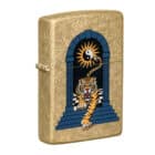 Tiger Tattoo Design Αναπτήρας χρυσός μεταλλικός με μπλε σχέδιο τίγρη και γινγκ-γιανγκ σε στυλ τατουάζ