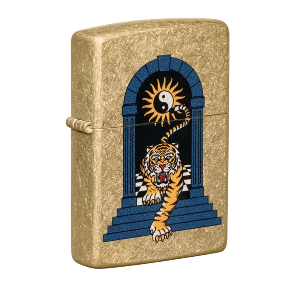 Tiger Tattoo Design Αναπτήρας χρυσός μεταλλικός με μπλε σχέδιο τίγρη και γινγκ-γιανγκ σε στυλ τατουάζ