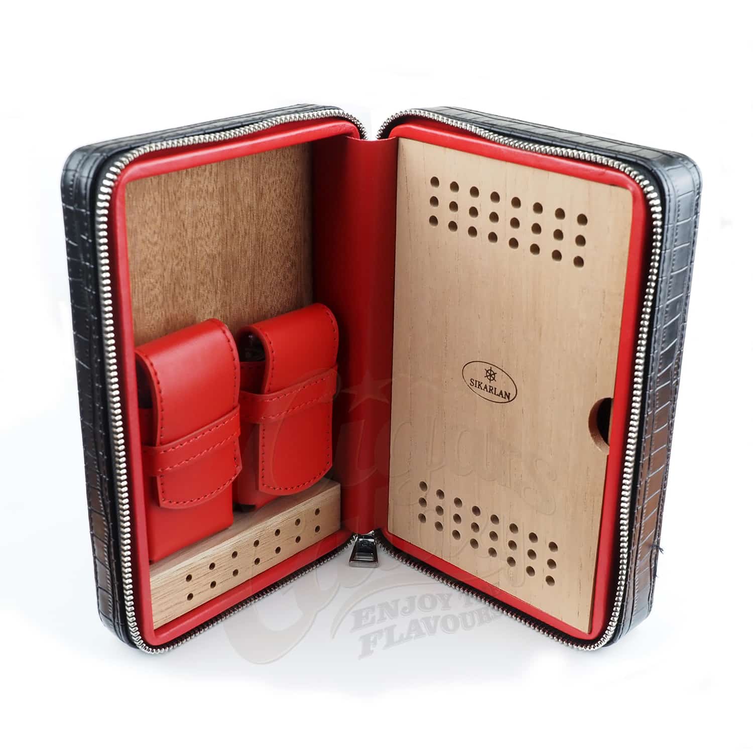 SIKARLAN - Σετ Υγραντήρας Ταξιδίου Δερμάτινος Μαύρος με Πουροκόπτη και Αναπτήρα Πούρου (4067)