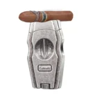 LUBINSKI - Ασημί V-Cut Πουροκόφτης με Punch και Βάση Πούρου (30011-AS), με πούρο πάνω