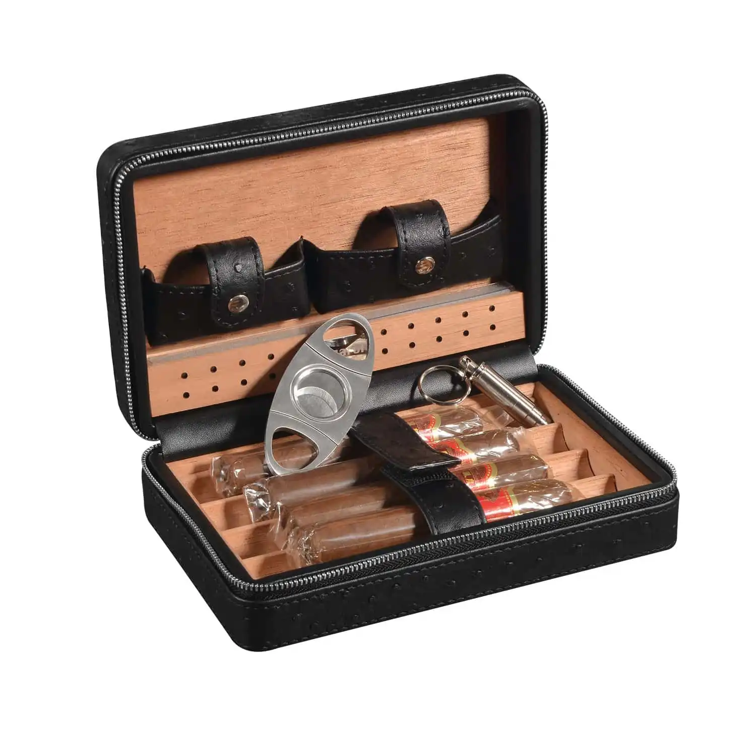 CIGAROL - Σετ Υγραντήρας Ταξιδίου Δερμάτινος με Δύο Πουροκόπτες (4046-BL), μαύρος ανοιχτός με ξύλινη επένδυση