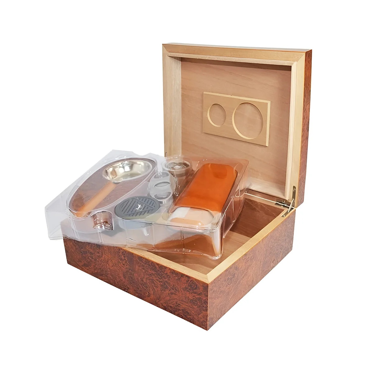 Ξύλινο humidor-set σε καφέ χρώμα κερασιάς για 25 πούρα. Με υγρόμετρο και υγραντικό στοιχείο, πουροκόφτη, δερμάτινη θήκη και σταχτοδοχείο!