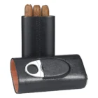 Ανοιχτή Δερμάτινη Πουροθήκη με Μεταλλικό Κόφτη για 3 Πούρα σε Μαύρο Χρώμα