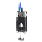 SILVER MATCH – Διπλός Jet Αναπτήρας με Κόφτη V-Cut & Βάση Πούρου αναμμένος και με ανοιχτό τον κόφτη.