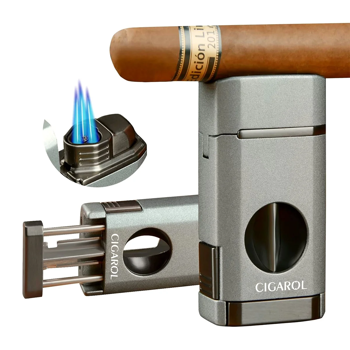 3-Jet αναπτήρας Cigarol με ενσωματωμένο πουροκόφτη V-cut σε όμορφο ασημί χρώμα. Το καπάκι του χρησιμεύει και σαν βάση πούρου. 