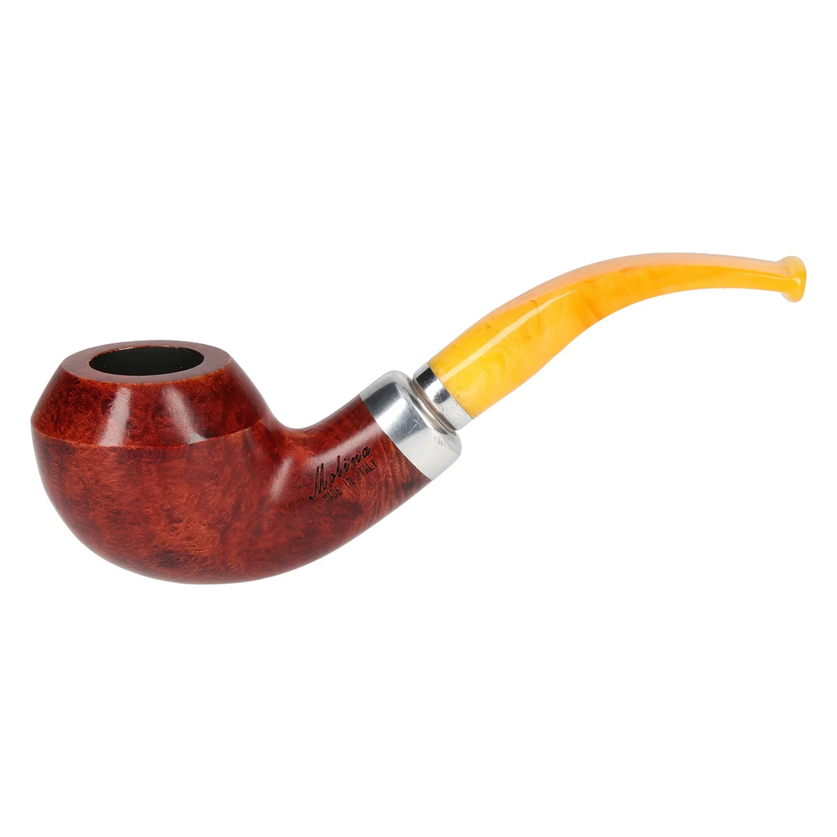 MOLINA - Ambra Terracotta 103 Λεία Πίπα Καπνού Μια στιβαρή και παράλληλα κομψή καμπυλωτή πίπα με μεταλλικό δαχτυλίδι από την Ιταλική Molina. Σε οικονομική τιμή χωρίς να κάνει συμβιβασμούς στην ποιότητα.