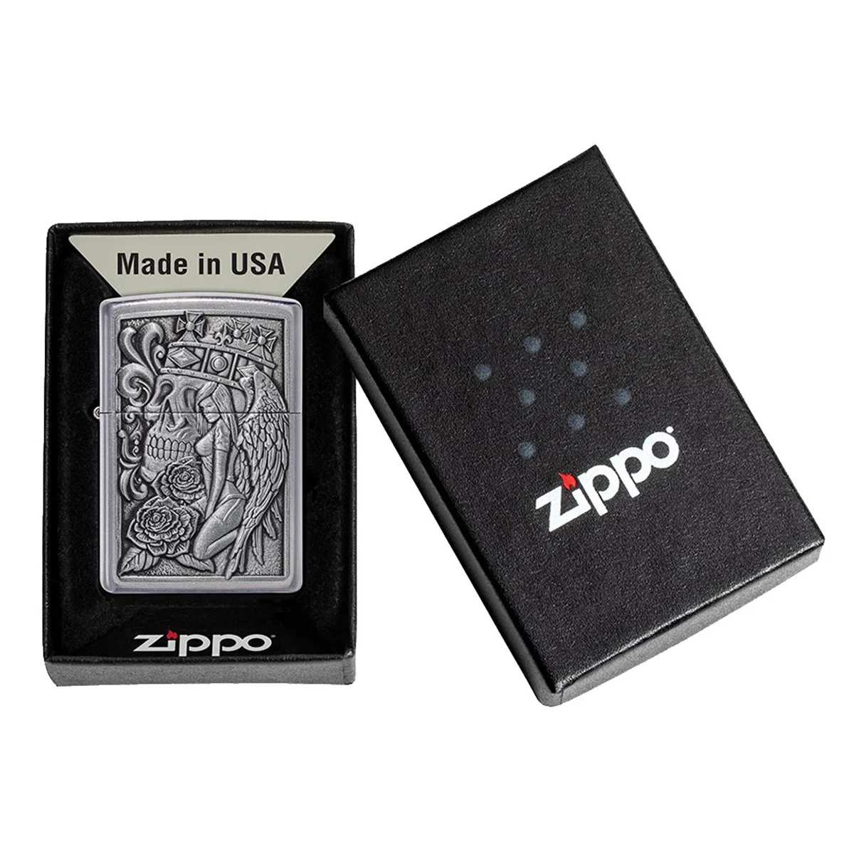 Ο Zippo Skull & Angel Emblem (49442) ξεχωρίζει με το εντυπωσιακό του σχέδιο, συνδυάζοντας gothic στοιχεία με μοντέρνα αισθητική.
